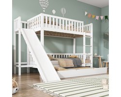 Stapelbed met opklapbed - met valstopframe - glijbaan en legplanken - met vier rechte treden - wit - 90x200/190 cm