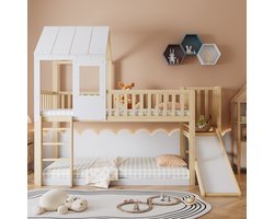 Stapelbed met rechthoekige ladder en glijbaan - met dak en ramen - met valbeveiliging - grenen frame - wit - 90x200 cm - zonder matras