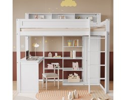 Stapelbed met tafel en kledingkast, kinderbed, met valbeschermingsrooster, met planken en 4-traps ladder, geïntegreerde opbergruimte, grenen+MDF+multiplex, wit, 90x200cm