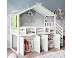 Stapelbed met valbeveiliging - kledingkast en locker - 3 lockers op de trap - witgroen - 90x200 cm - zonder matras