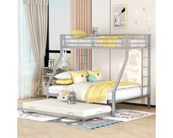 Stapelbed, metalen bed met uitschuifbaar bed, met ladder aan beide zijden voor kinderen, tieners, volwassenen, eenvoudig te monteren, 90(140)x200cm, zilver
