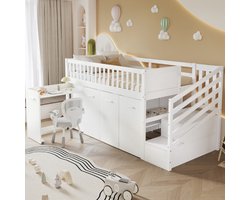 Stapelbed, multifunctioneel bed, kinderbed met valbeveiliging en spijlen, met bureau/kledingkast/kluisjes, met 2 kluisjes in de trap, grenen + MDF, wit, 90 x 200 cm