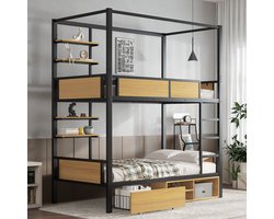 Stapelbed - Stevige leuningen en ladders - Opbergruimte onder het bed - Gordijnen om aan de bovenbedden te hangen - Zwart - Zonder matras