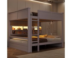 Stapelbed Van 160x200 Cm Met Opbergkasten En Ledverlichting, Tienerhoogslaper - Kinderhoogslaper,Bruin