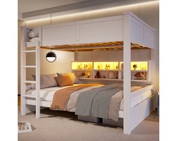 Stapelbed Van 160x200 Cm Met Opbergkasten En Ledverlichting, Tienerhoogslaper - Kinderhoogslaper,Wit