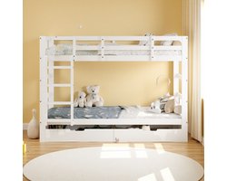Stapelbed voor kinderen 90 x 200 cm, bedframe van massief hout, met 2 lades, hoogslaper voor 2 kinderen, om te bouwen tot 2 platformbedden, jeugdbed, wit