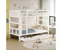Stapelbed voor kinderen 90x200 cm wit - Om te vormen tot 2 eenpersoonsbedden, met lades en veiligheidshekje, massief hout en lattenbodem (zonder matras)