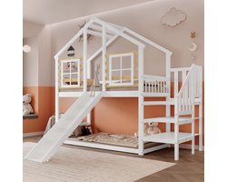 Stapelbed voor Kinderen met Glijbaan en Raam, 90 x 200 cm, Hoogslaper van Hout met Valbescherming