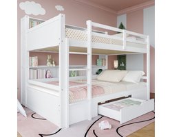 Stapelbedden, 90x200cm (90x200cm) eenpersoonsbedden, kinderbedden, stapelbedden, met lades, met opbergvakken, zonder matras, wit