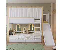 Stapelbedden - 90x200cm - Hoogslaper Met 2 Lades Op Rollen - Met Glijbaan En Bovenbed Met Stoffen Gordijn - Kiefer + MDF + Multiplex - Wit + Naturel