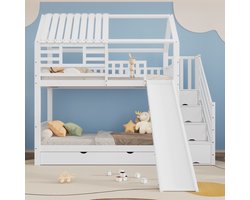 Stapelbedden - 90x200cm - Hoogslaper Met Trap En Glijbaan - Huisbed Met Opbergruimte - Hout + MDF - Wit