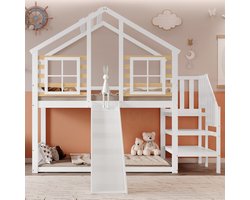 Stapelbedden - 90x200cm - Houten Hoogslaper Met Trap, Gitter En Glijbaan - Blokhuis Kinderbed Met Veiligheid - Massief Hout - Wit