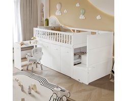 Stapelbedden - 90x200cm - Multifunctioneel Etagenbed Met Schreibtisch, Kleiderschrank und 2 Opbergladen In Ladder - Kiefer + MDF - Wit