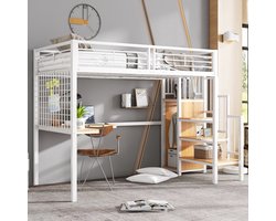 Stapelbedden - 90x200cm - Stalen Hoogslaper Met Bureau En Kast - Zijdelingse Trap Met Leuning - IJzer + Spaanplaat - Wit + Naturel