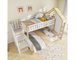 Stapeldbed - 90x200cm 140x200cm - opbergtrap - huishekken - 2 lades - onregelmatige omheining - zonder matras - wit