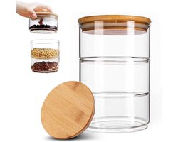 Stapelenbare Opbergpotten met Luchtdichte Deksel, Glazen Set met Bamboe Lids voor Specerijen, Granola en Koffiebonen