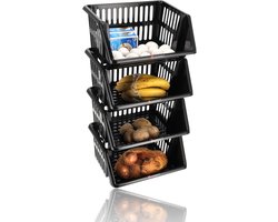 Stapelkratten Zwart – Set van 4 Stapelbare Opbergkratten – Groentemand & Fruitmand Keuken – Mandenrek voor Aardappelen, Uien en Blikjes – Opbergmanden voor Schuur, Keuken of Voorraadkast