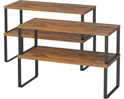 Stapelschappen voor Keukenkastjes – Uitschuifbaar Rek van Hout en Metaal – Ruimtebesparende Planken voor Voorraadkast, Kast en Garderobe – Rustiek Bruin/Zwart