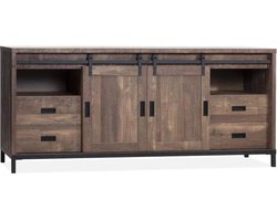 Staphorst Dressoir Groot - Dressoir Industrieel - 220 x 45 x 95cm - 2 deuren, 4 lades, 2 open vakken - Woonkamer kast - Espresso houtlook