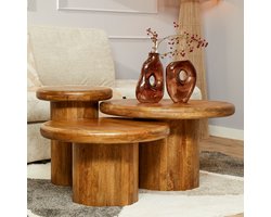 StarFurn Salontafel Maya - Rond Naturel Mangohout - Set van 3