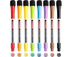 STARKSØN 8 Whiteboard Stiften Met Wisser - Magnetische Markers Met Dunne Punten - Tekenset Flipover - Zwart, Bruin, Paars, Blauw, Groen, Geel , Oranje & rood