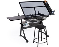 STARKSØN Glazen Bureau voor Volwassenen & Kinderen - Kantelbaar en in Hoogte Verstelbare Tekentafel Incl. Kruk - Lessenaar - Werkblad - Workstation - Creativiteit