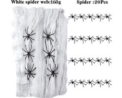 STAR&STER Halloween decoratief spinnenweb, spinnenwebdecoratie met 160 g spinnenweb en 20 spinnen, decoratie Halloween voor binnen tafeldecoratie Halloween, feest, deur en raam, carnaval, tuin,