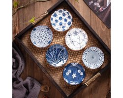 STAR&STER Japanse stijl Keramische dipschaaltjes in Japans, blauw en wit, 90 ml sausschaaltjes voor sushi, sauzen, snacks, olie en sojasaus, verpakking van 6, ronde, kleine dipschaaltjes (10 cm)