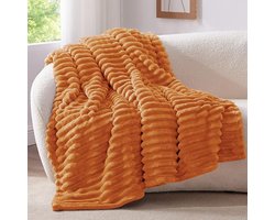 STAR&STER Knuffelige, Plaid zachte deken klein - zachte flanellen deken Orange 125 x 150 cm voor de bank, decoratieve strepen koord fleece deken als banksprei voor de woonkamer, sprei voor breed gebruik