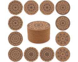 STARUBY 12 stuks onderzetters Indiaas bloemmotief kurk onderzetters 10 cm rond onderzetters geschikt voor eettafel bar koffiebar decoratie als cadeau