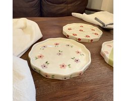 Stasia Bloemen Bord Set van 2 – Keramisch Bord met Kleine Roze en Paarse Bloemen – Wit – Ontbijtbord & Dessertbord