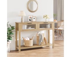 Statafels, consoletafel met 2 glazen lades, entreetafel met legplanken, geschikt voor woonkamer en hal, natuurlijk hout