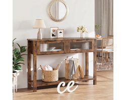 Statafels, entreeconsoletafel met 2 geribde glazen lades, geschikt voor woonkamer en hal, rustiek bruin, afmetingen 110 x 30 x 80 cm