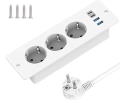 StayPowered Inbouwstopcontact - Altijd Opgeladen & Opgeruimd - 3 Stopcontacten - 2 USB-A + 2 USB-C Poorten - 2m Kabel - Slim Verzonken Ontwerp - Eenvoudige Installatie - Geschikt voor Werk- en Vergadertafels - Wit - Levering Sneller dan Aangegeven!