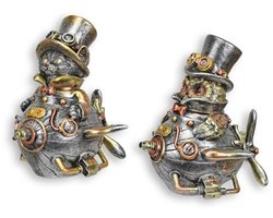 Steampunk Kat en Uil - Resin Beeld - Hars Sculptuur - Kunst Decoratie - 12x12x14