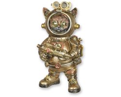 Steampunk kattenbeeld van resin – decoratief astro kat beeldje met ruimtehelm – fantasievolle woondecoratie voor industrieel interieur