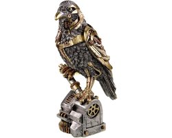 Steampunk Raaf Figuur Decoratie, Zwarte Vogel met Gouden Details, 28 cm, Handbeschilderd Polyhars Sculptuur
