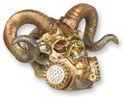 Steampunk ram-schedel decoratie – resin skull met gasmasker en mechanische details – bronzen/koperen metallic afwerking – eyecatcher voor woonkamer, kantoor of mancave – 19,8×17,2×12,8 cm