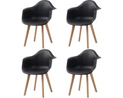 SteeFly® Eetkamerstoelen Set Van 4 - Retro Design - Kunststof Zitting - Beukenhouten Poten - Woonkamer & Keuken - Zwart