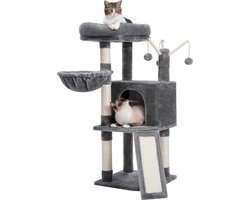 SteeFly® H105cm Hoge Krabpaal - Sisal - Met Hangmat & Speelgoed - Multi-Niveau Kattentoren - Grijze kleur - 5 verdiepingen