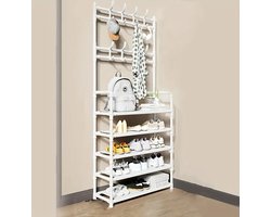 SteeFly® Kapstok/Schoenenkast - Industriële Look - 5 Lagen - Multifunctioneel Kleding En Schoenrek - RVS - 8 Haken - 154cm hoog
