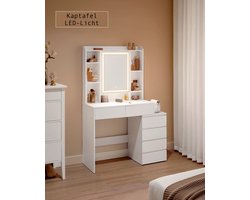 SteeFly® Kaptafel Met Spiegel - Bureau Met LED Verlichting - Moderne Make-Up Tafel - Veel Opbergruimte - Wit Strak Design