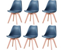 SteeFly® Luxe eetkamerstoelen - Set van 6 design stoelen - Ergonomisch - Donkerblauw met hout onderstel - Zithoogte: 43cm