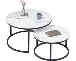 SteeFly® Set van 2 luxe design tafels - Ronde bijzettafel - Marmeren look & zwart frame - Stijlvolle set - Diameter: 60&80cm
