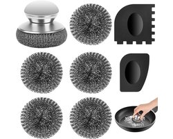 Steel Sponge, Pan Cleaner with 2 Scrapers, Pan Cleaner Made of Stainless Steel, Steel Wool, with 5 Steel Wool Pads for Crockery, Pans, Grills, Cookers