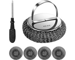 Steel Wool Scrubber, Pot Scrubber Brush, Stainless Steel Scrubber, Kitchen Scrubbers Set, Handle Steel Wool, With Head 4 and Handle Ergonomic Handle Design for Cleaning Dish Pot Sink Pan Grill
