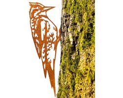 Steelhout - Metaal silhouet Hamerende specht - Cortenstaal - Tuindecoratie - Groot - Voor in een boom - Roest Boomprikker - Uniek cadeau - H30cm x B14cm