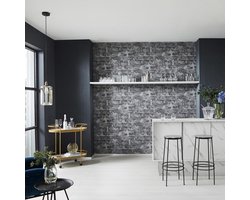 Steen behang 0222-15 in antraciet grijs,Grijs behang met baksteen structuur