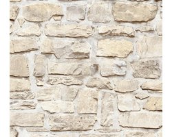 Steen tegel behang Profhome 363703-GU vliesbehang glad met natuur patroon mat beige geel 5,33 m2
