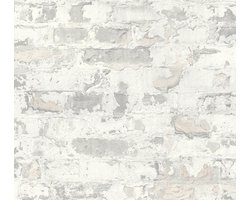 Steen tegel behang Profhome 369293-GU vliesbehang glad met vogel patroon mat grijs wit 5,33 m2